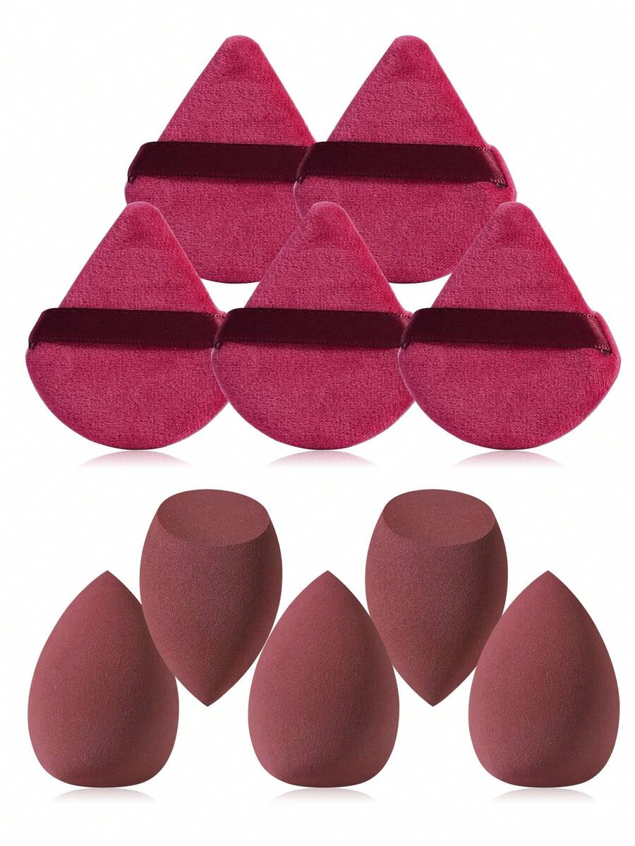 10件套化妆工具套装，包括：5个化妆海绵+5个三角粉扑 - 酒紅色 - 查看 1