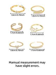 6件套优雅小众奢华时尚百搭水钻仿珍珠花朵心形铜合金戒指套装，适合女士日常及节日佩戴 - 六件組戒指-A款 - 查看 2