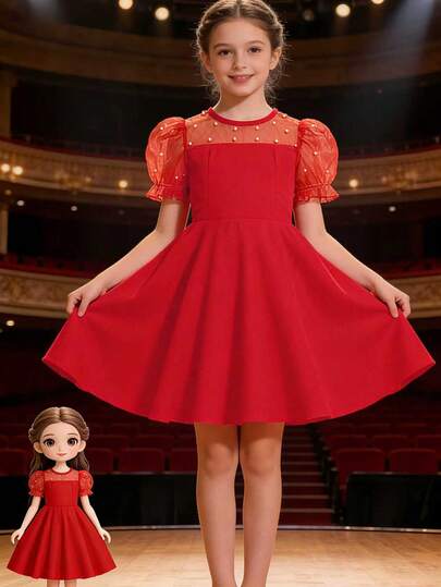 8-12 Years Girls Pearl Decor Puff Sleeve Mesh Patchwork Dress, Fashionable For Party, Birthday, Festival, Performance, New Year, Valentine's Day, Daily Wear