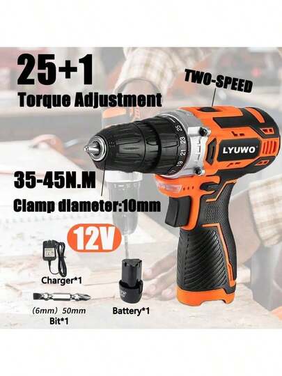 LYUWO Taladro inalámbrico de 12V, 25N.M de par de torsión, avance/retroceso, luz LED, batería de alta capacidad, portabrocas de acero inoxidable, eficiente y conveniente