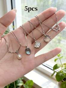 5pcs/Set Faux Shell & Butterfly Pendant Necklace Set For Women, Faux Moonstone Multi-Style Necklace, Elegant Luxury Casual Wear, Perfect Gift Combination - Silver - View 10