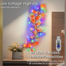 1PC, USB Powered, Fairy Vine Lights, Artificial Willow Vine Climbing Wall Lights For Garden, Christmas Lights For Bedroom Wall, 96LED, 1.8m/5.9ft, 8 Lighting Modes, Indoor Outdoor Decor For Bedroom, Wedding, Holiday (Without Battery) - 豐富多彩的 - 查看 5