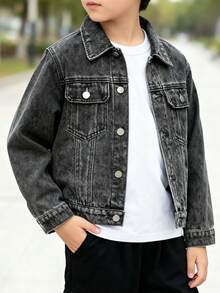 Toddler Boys' Black Denim Jacket,  Vintage Print American Style Jean Coat. Cool Loose Fit Trucker Jacket 4-7 Years. Soft, Durable & Comfortable For All Seasons. All Season Wear. Ideal For School, Park & Daily Play. Spring Fall Outerwear. Birthday Gift For Kids. - Black - View 4