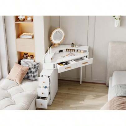 Eck-Schminktisch, Modern Schminktisch Mit Drehbarer LED-Spiegel (Light Dimmbar), 5 Schubladen, USB- Und USB-C-Anschlüssen, White - B105.5 X T75 X H120 Cm