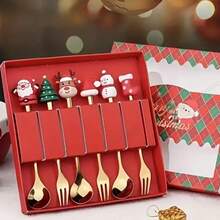 4/6pcs Christmas Creative Stainless Steel Spoons, Coffee Stirring Spoons, Dessert & Fruit Forks, Tableware Set - Multicolor - View 1