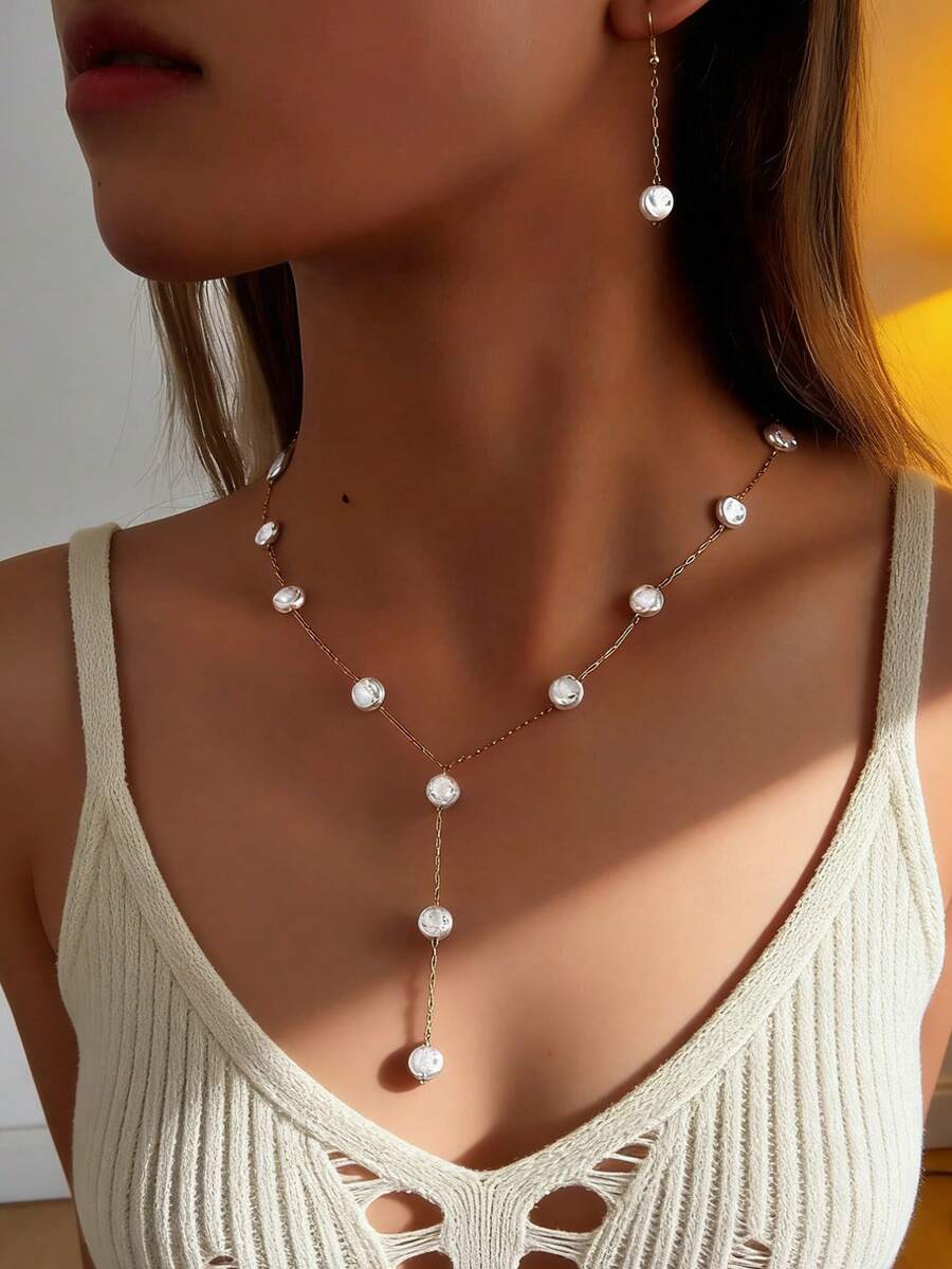 1 pieza Collar + 1 pieza Pulsera, Conjunto de joyas de moda elegante para mujeres, cantidad de piezas al azar - blanco dorado - Ver 1