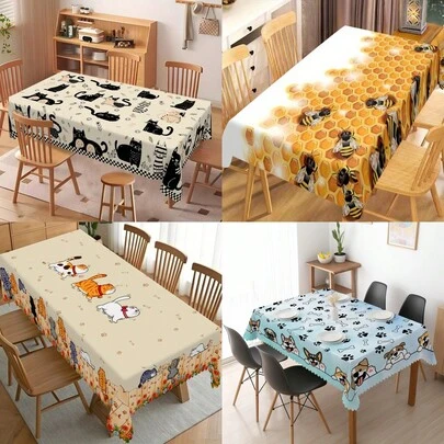 1 Piece, Cat Animal Tablecloth, Suitable For Farmhouse Style And Cat Decoration, Cute Cat Farmhouse Grid Pattern, Ideal Choice For Indoor And Outdoor Parties And Home Decoration