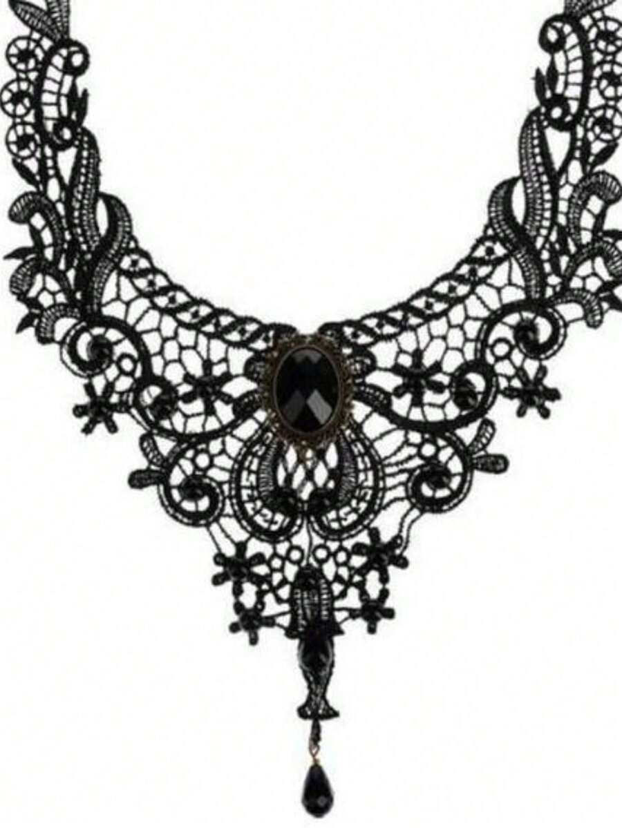 Gothic Style Lace Choker Necklace, Exaggerated Design Women Black Collar Necklace - Picture Color - View 1