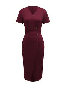 1件女士优雅纯色V领纽扣腰带开衩修身连衣裙，适合办公室和休闲场合，春夏款 - 酒紅色 - 查看 4