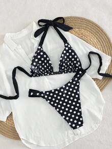 Bộ bikini nữ 2 mảnh phối màu chấm bi đen trắng gợi cảm, đính hạt cườm, dây buộc bản rộng và cổ yếm, hoàn hảo cho kỳ nghỉ biển và chụp ảnh mùa hè. - màu đen - Xem 9