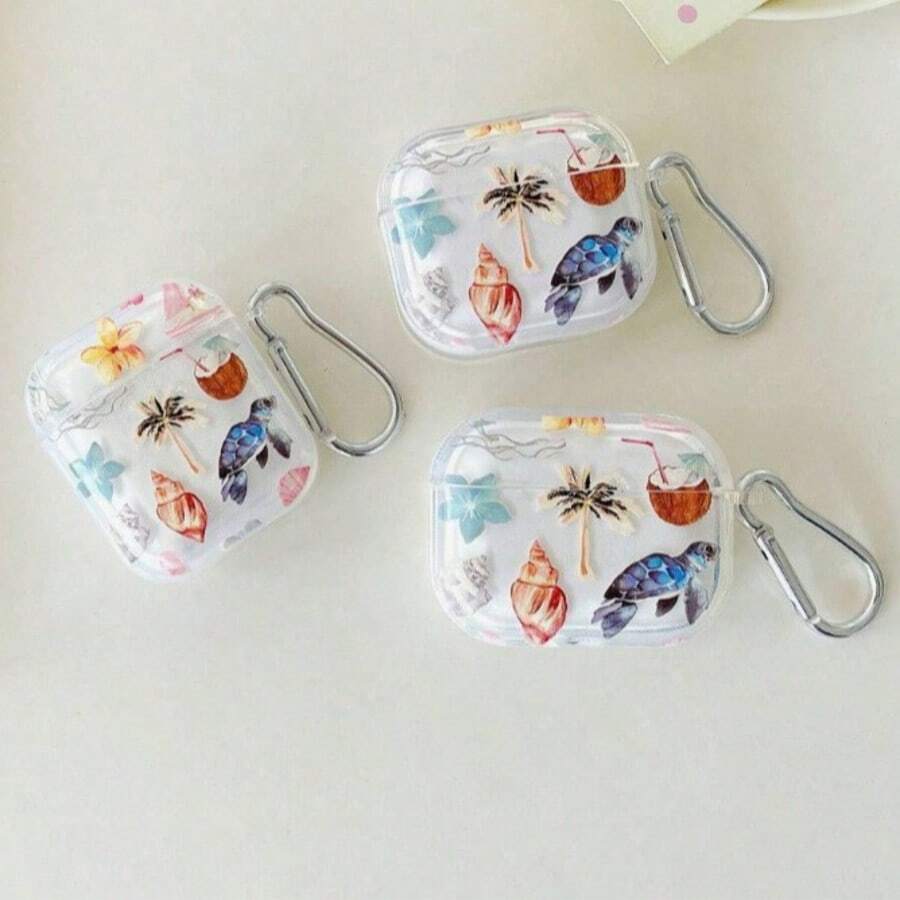 Coconut Island Sea Turtle Design Earphone Case, Transparent Refreshing Earphone Cover, Earphone Anti-Drop Shell, Suitable Compatible With Apple Bluetooth Earphone Protective Case - Clear - View 1