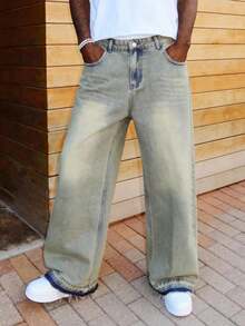 男士复古宽松阔腿牛仔裤，破洞毛边裤脚，休闲街头风，适合所有季节 - 芥末黃 - 查看 5