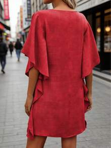 Plus Size Women Elegant Ruffle V-Neck Solid Color Mini Dress, Summer Red - Red - View 3