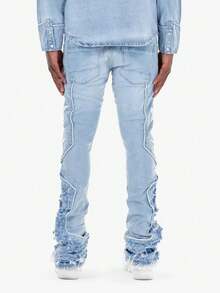 男士常规版型星形印花牛仔裤，修身刺绣贴片牛仔裤，Y2K风格摇滚牛仔裤 - 中等水洗藍 - 查看 2
