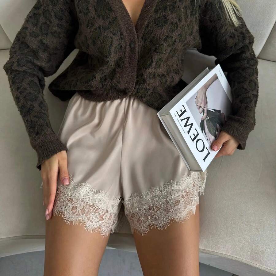 Boho Women's Lace Trim Satin Silk Shorts Shiny Elastic Waist Mini Shorts Pettipants Half Slip Shorts French Knickers Boyshorts For Dresses Full Coverage Underwear Lounge Pants - 藕粉色 - 查看 1