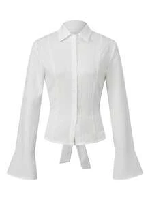Women's Textured Fall Shirts Fashionable Solid Color Long Sleeve Tie Up Back Button Down Blouse - Ivory - View 1