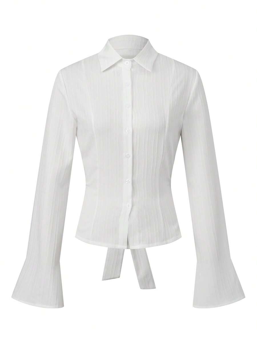 Women's Textured Fall Shirts Fashionable Solid Color Long Sleeve Tie Up Back Button Down Blouse - Ivory - View 1