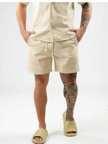 Men's Linen Dress Set: Button-Down Shirt And Linen Shorts - Màu be - Xem 5