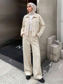 DAZY 女士纯色短款外套和裤子两件套 - 米色 - 查看 3