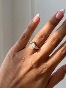 1枚优雅波浪双锆石水滴形925纯银女士订婚结婚戒指，精致新娘首饰，周年纪念生日礼物 - 金色 - 查看 2