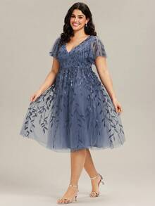 Elegante vestido formal midi morado con cuello en V, manga corta, con flores y lentejuelas, adecuado para invitados de boda en otoño/invierno y fiestas de primavera - Neblina azul - Ver 1