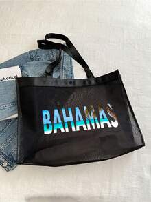 4-Piece Large Capacity Mesh Beach Bag Set - Printed With "Bahamas" Pattern, Featuring Tropical And Beach Elements; Foldable Waterproof And Sand Proof Mesh Handbag+Matching Mesh Cosmetic Storage Bag, Foldable Beach Sun Hat, Durable Fashion Glasses. Breathable, Lightweight - Multicolor - View 2