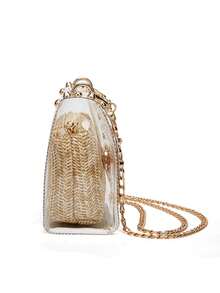 女士两件套度假风沙滩时尚设计实用多隔层PVC金属铆钉拉链金属链编织单肩包方形盒形包组合套装 - 彩色 - 查看 4