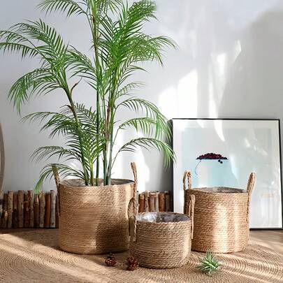 3-Size Dual-Handle Round Nordic Style Large Planter With Plastic Liner, Ideal For Tall Plants, Also Usable As Laundry Basket Or Storage Bin, Extra-Large Outdoor Plant Pot, Large Indoor Plant Pot, Plant Planter, Large Flower Pot, Plant Basket, Indoor