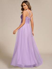 Elegant Criss-Cross Back Slip Lace & Mesh Bridesmaid Dress For Wedding - Lilac Purple - View 2