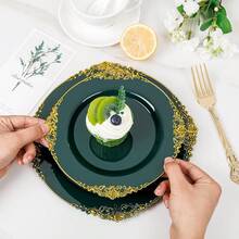 102PCS Gre1en And Gold Plates - Gre1en Plastic Plate - Fancy Heavy Duty Disposable Plates - Heavyweight Disposable Dinner & Dessert Plate For 51 Guests For Party & Wedding - 格林 - 查看 9