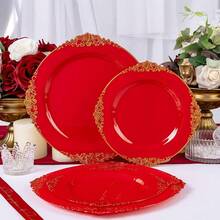 102PCS Red And Gold Plastic Plates - Red Plates Disposable - Vintage Plastic Plate With Gold Rim Include 51PCS Dessert & 51PCS Dinner Plate Perfect For Weddings & Party & Valentine's Day - Red - View 5