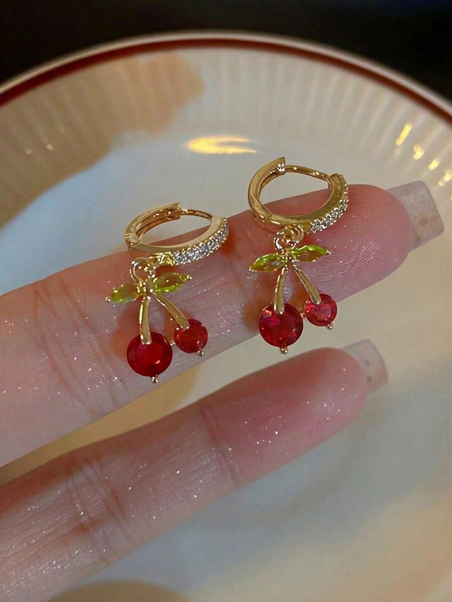 1pair Sweet Lovely Delicate Rhinestone Cherry Earrings, Suitable For Women - Multicolor - View 1