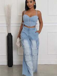 Women's Jeans 2026 New Spring  Fashion Suspender Bra Denim Top Pocket Straight Workwear Women's Jeans Set - Màu xanh lam - Xem 2