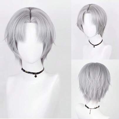 Grey Short Straight Synthetic Wigs Middle Part Men Anime Game Cosplay Fluffy Wig Heat Resistant For Daily Party