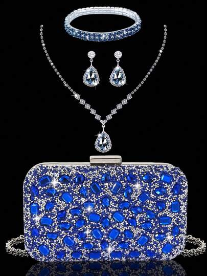 Shiny Rhinestone Evening Bag In A Box Shape, Luxurious New Shoulder Bag And Chain Bag, Paired With A Sparkling Three Pieces Rhinestone Jewelry Set, Including A Rhinestone Pendant Necklace, Earrings, And Bracelet. Perfect For Parties, Dinners, Gatherings, And Balls, It Is The Best Valentine's Day Gift For Women.