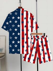 New Men's Printed Shirt Set 2-Piece American Style Flag Set Fashionable Shirt Set Casual Set Loose Fit Set - 彩色 - 查看 5