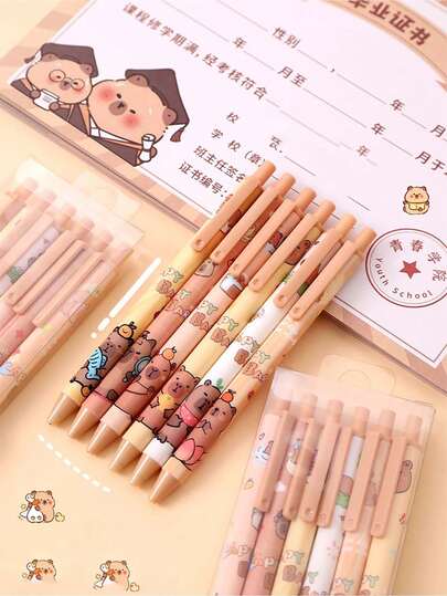 Capybara Gel Pen Featuring Cute Designs, Click Pens For Everyday Use, Suitable For Students And Office Work, 0.5Mm Black Ink,Large-Capacity Multi-Layer Pencil Case,Back To School Supplie Essentials Office Supplies Valentine's Day Gifts