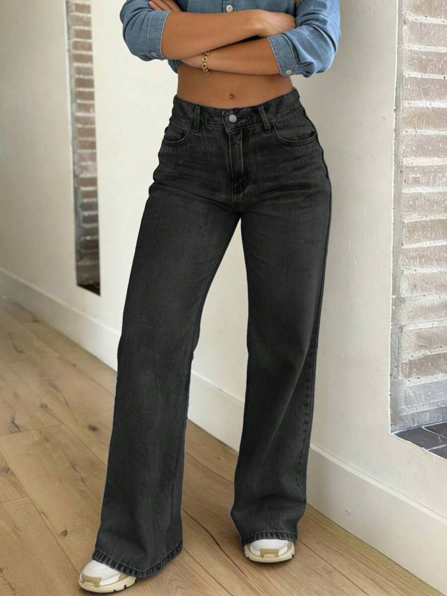Women's Casual Washed Straight-Leg Jeans - Black - View 1