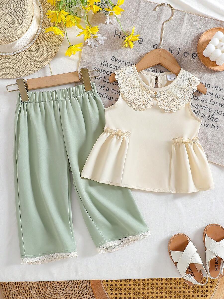 2pcs Mint Green Sleeveless Lace Trim Top And Straight Leg Pants Set For Baby Girls, Summer - Mint Green - View 1