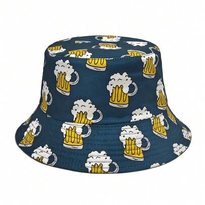 时尚啤酒印花双面渔夫帽，男女通用户外休闲防晒沙滩帽，轻便透气，春夏款