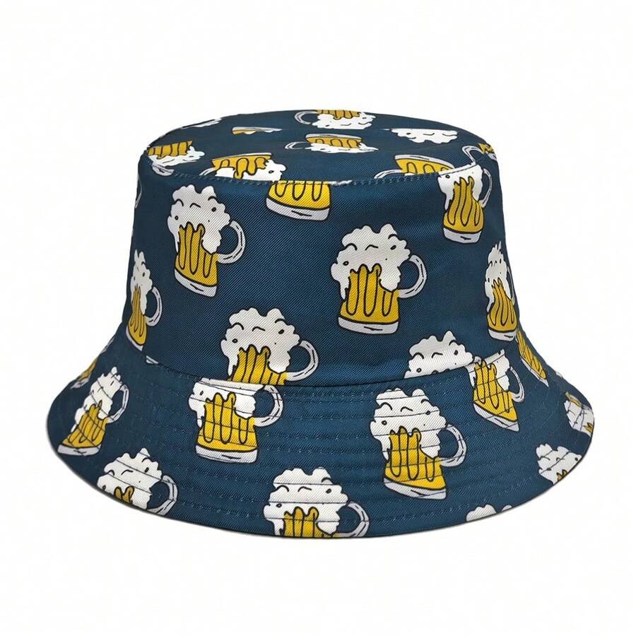 Fashionable Beer Print Reversible Bucket Hat, Unisex Outdoor Casual Sun Protection Beach Hat, Lightweight & Breathable, Spring/Summer - Beer - View 1