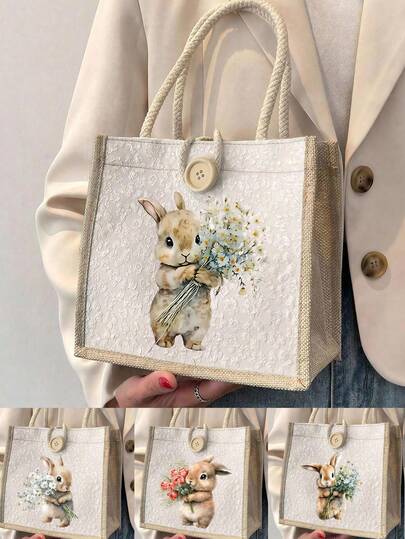 1个可爱兔子蝴蝶图案帆布手提袋 - 可重复使用，可重复使用的印花女士手提袋，双提手购物袋，大容量单肩包，休闲手提袋，适合通勤、上学和购物，方便户外活动，是送给朋友和闺蜜的完美礼物，也是送给老师的礼物，以及度假和节假日的理想选择。