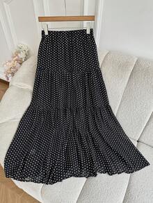 女士黑色底白色波点半身裙，全身印花休闲优雅半身裙，适合所有季节 - 黑與白 - 查看 5