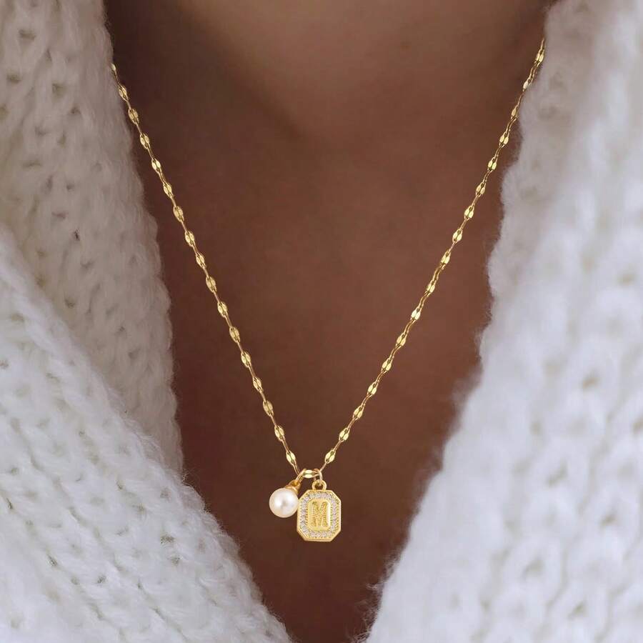1pc New Fashion Block Initial Faux Pearl Pendant Golden Stainless Steel Lip Chain Necklaces For Women - Yellow Gold - View 1