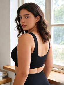 Plus Size Women's Minimalist Solid Color Wireless Shaping Lift Prevent Overflow & Sagging Bra - Black - View 2