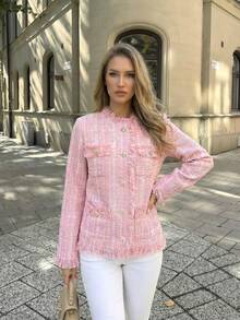 Women's Pink Fringe Trim Jacket, Elegant Eye-Catching Winter Coat, Charming Party Outfit For Christmas And New Year's Eve, Luxury Evening Jacket - Pink - View 8