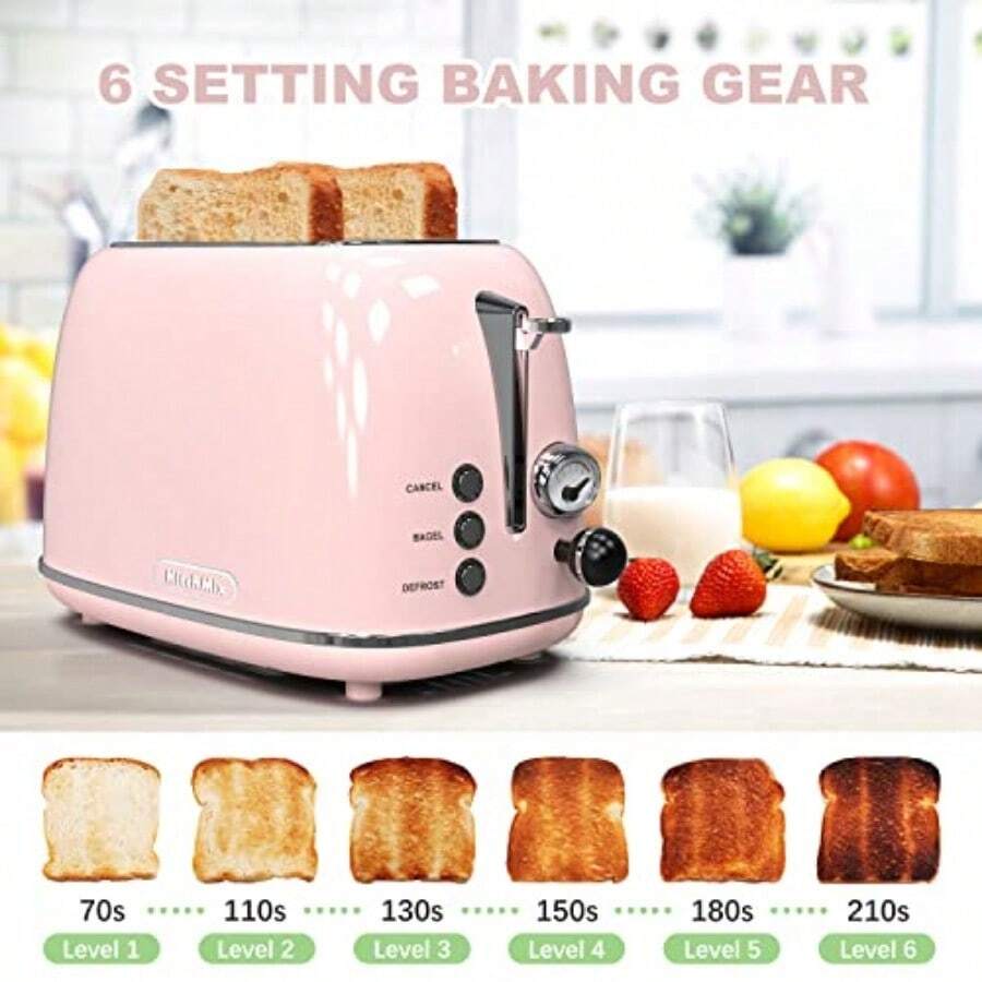 tostador de 2 rebanadas tostador retro de acero inoxidable con 6 ajustes ranuras anchas de 1.5 pulgadas función de bagel/descongelación/cancelación bandeja ible para migas rojo bd8 -B032 - Rosa bebé - Ver 1