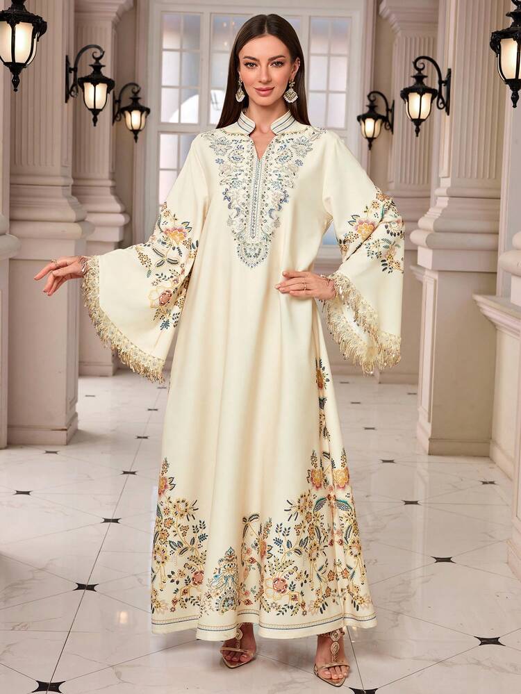 中东新款V领长袖流苏复古印花水钻装饰长袍 - 杏色 - 查看 10