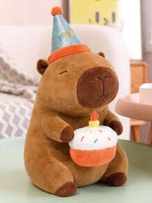 Peluche Grande de Capibara con Gorro de Cumpleaños, Muñeco Suave y Abrazable, Diseño Tierno y Divertido, Ideal para Regalo de Cumpleaños, Decoración y Momentos Especiales - Camel - Ver 4