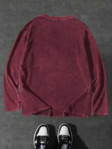 Vintage Poster Font Men's Washed Distressed Crew Neck Long Sleeve T-Shirt - Magenta - View 2